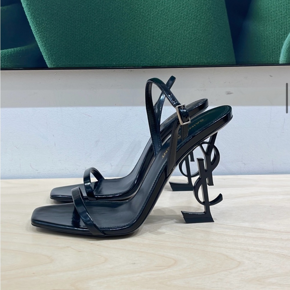Opyum YSL Logo-Heel Sandals with Black Hardware